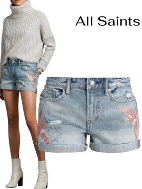 NEW ALLSAINTS Birds Pam Embroidered Distressed Denim Shorts -w28